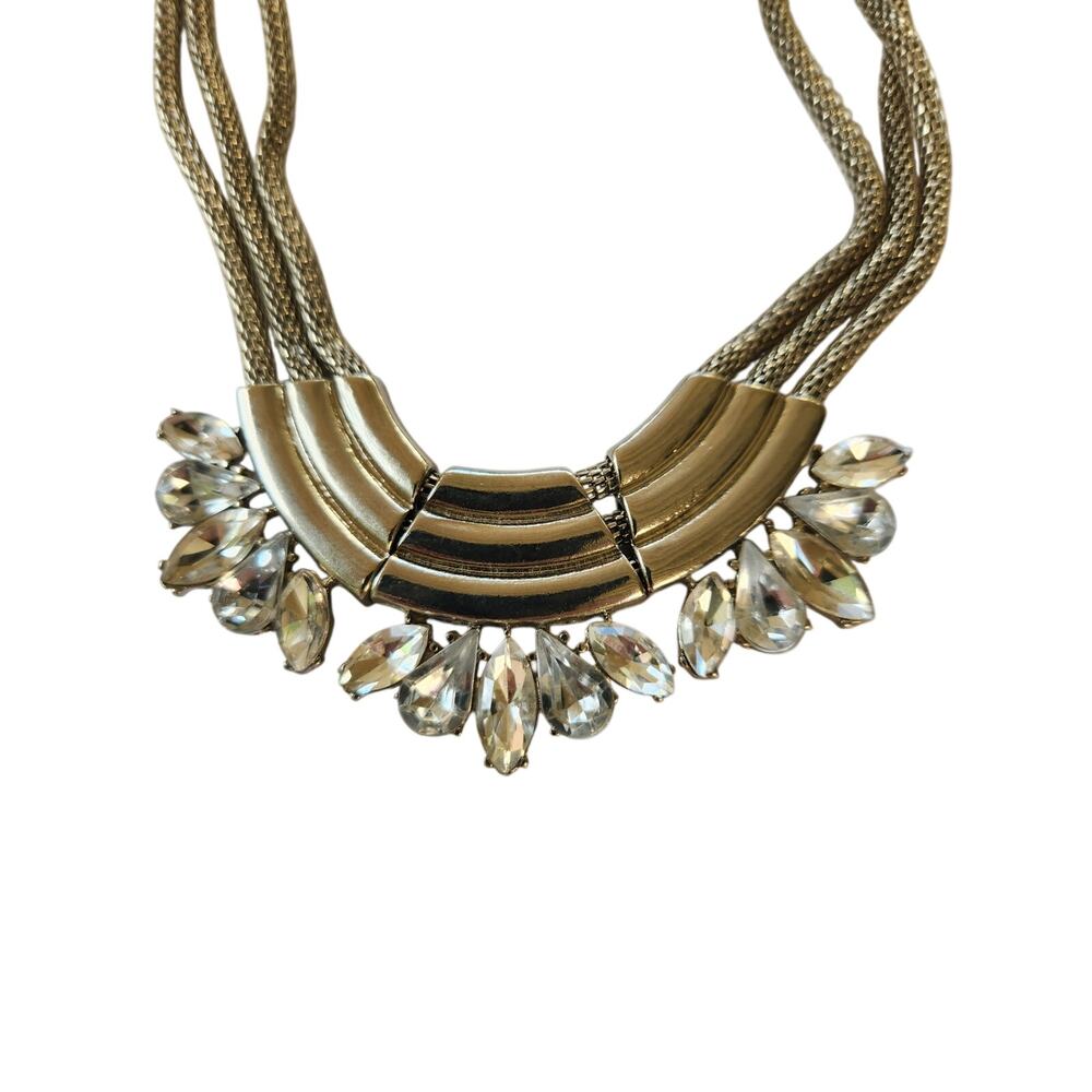 Silver Tone Crystal Statement Necklace Multi Strand Mesh Chain Bib
